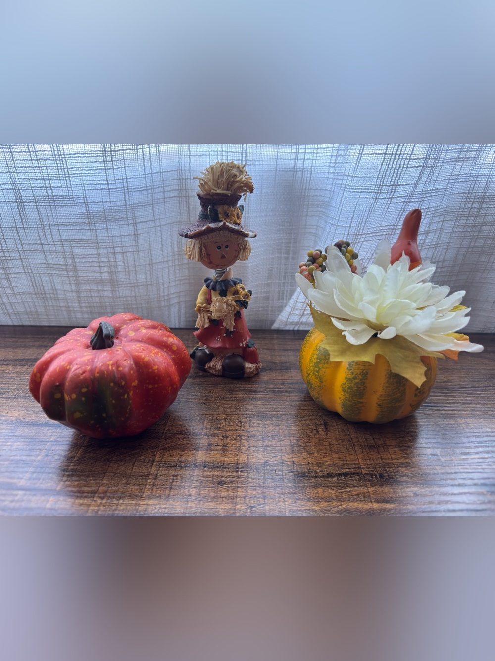 Lot of 3 Fall Autumn Home Decor Pumpkins and Scarecrow Used (With Flaws)